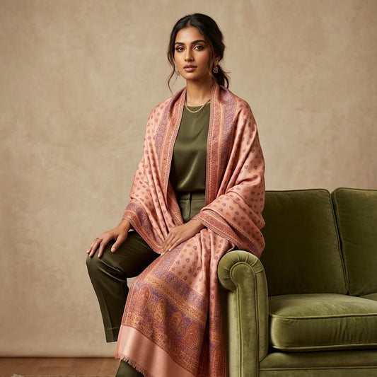 Silk Wool Kani Jamawar Shawl draped on a female model