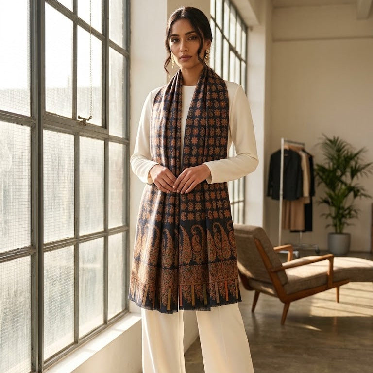 A woman models a traditional Indian outfit consisting of a white kurta, white wide-leg trousers, and a dark brown patterned dupatta with gold motifs, standing in a bright, modern loft with large windows.