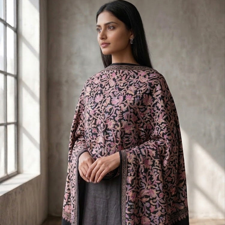 A woman stands in a sunlit room wearing a dark gray traditional outfit with a pink and black floral embroidered shawl draped over her shoulders.