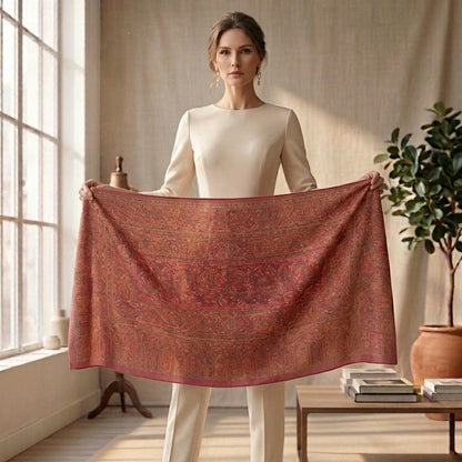 Woman holding a patterned red scarf in a room with natural light