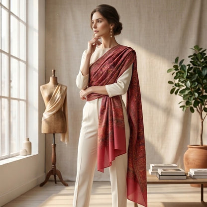 Woman wearing a pink shawl in a well-lit room with a mannequin and decor items.