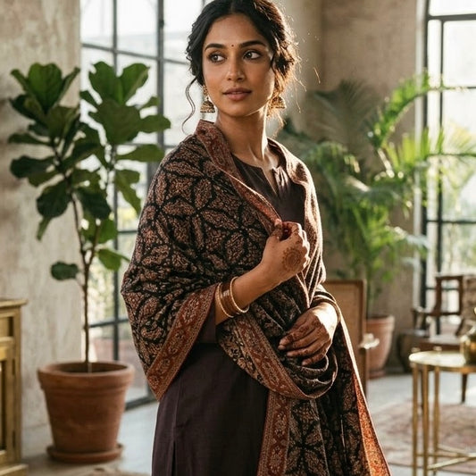 A woman stands indoors wearing a dark brown patterned shawl draped over a dark dress, with potted plants and large windows in the background.