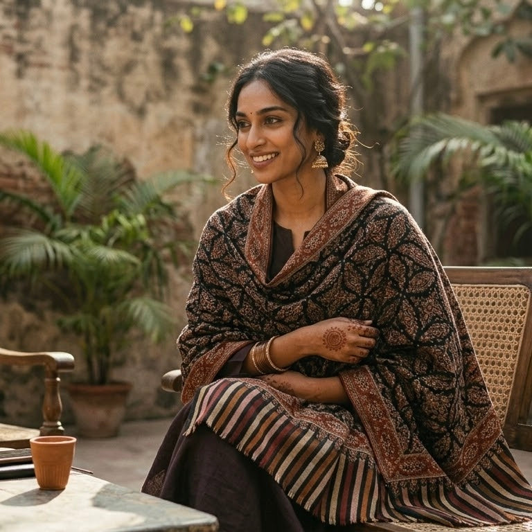 A woman seated on a woven chair in a rustic courtyard, wearing a dark brown shawl with a geometric pattern and a striped skirt in earthy tones.