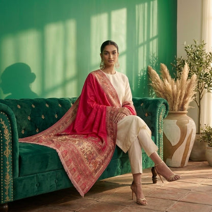A woman models a traditional South Asian outfit consisting of a cream kurta and matching trousers with a vibrant pink kalamkari shawl featuring intricate gold embroidery, seated on a green velvet sofa in a sunlit room.