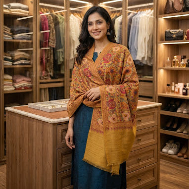 A woman stands in a well-lit wooden walk-in closet wearing a mustard yellow and orange patterned shawl draped over a blue dress. Shelves in the background display folded garments, shoes, and accessories.