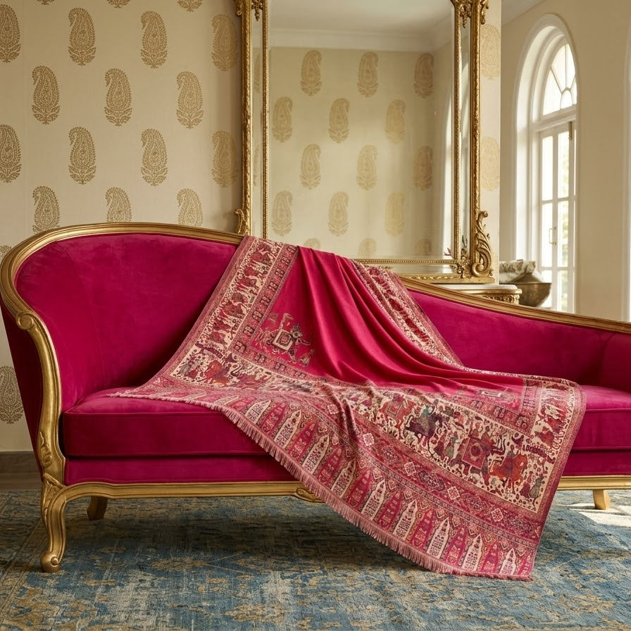 A rich magenta velvet chaise lounge with ornate gold frames, draped with a matching patterned red and gold Persian-style throw blanket, set in an elegant room with patterned wallpaper, a large mirror, and a blue rug.