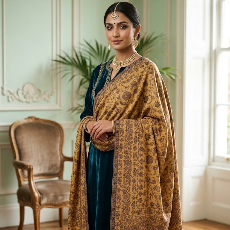 A woman models a luxurious mustard yellow and brown patterned shawl over a dark teal dress in an elegant room with a wooden chair and window.
