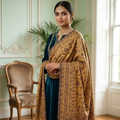 A woman models a luxurious mustard yellow and brown patterned shawl over a dark teal dress in an elegant room with a wooden chair and window.