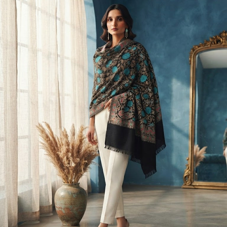 A woman models a black shawl with turquoise and gold floral patterns, paired with white pants and beige heels, standing in a room with a blue textured wall, sheer curtains, and a gold mirror.