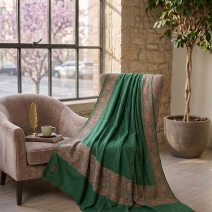 Green Sozni Shawl with Roses Embroidery in Borders