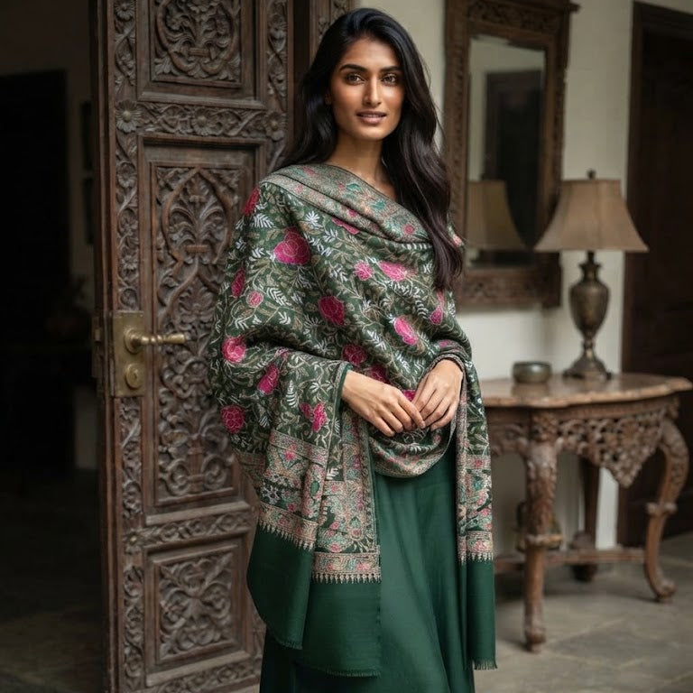 A woman stands in an ornate indoor setting wearing a dark green traditional outfit with a matching long skirt and a draped shawl featuring a pink and beige floral pattern.