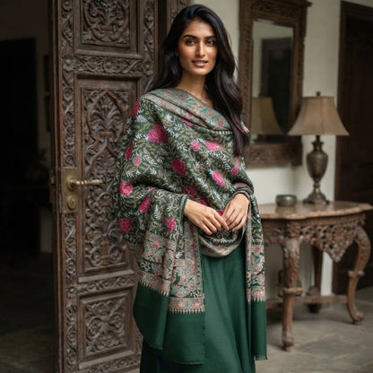 A woman stands in an ornate indoor setting wearing a dark green traditional outfit with a matching long skirt and a draped shawl featuring a pink and beige floral pattern.