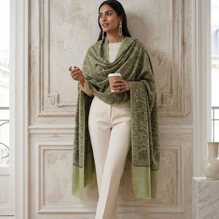 A woman stands indoors against a decorative paneled wall, wearing a sage green patterned shawl draped over her shoulders, cream pants, and beige heels while holding a coffee cup.