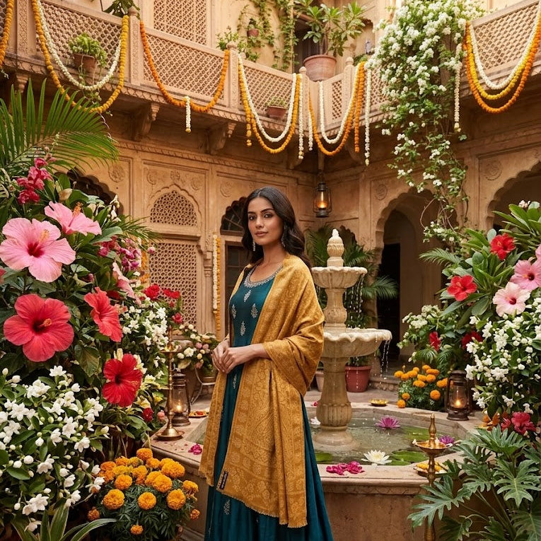 Woman in a yellow and blue traditional outfit standing in a decorated courtyard with flowers and a fountain.