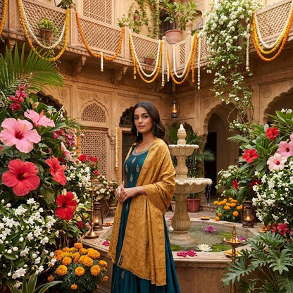 Woman in a yellow and blue traditional outfit standing in a decorated courtyard with flowers and a fountain.