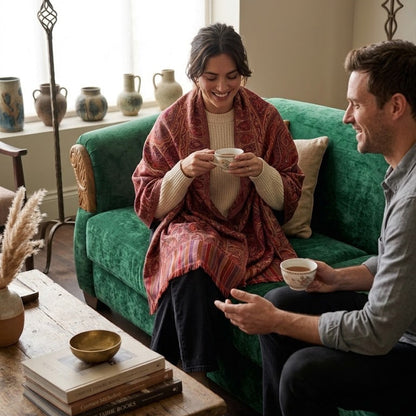 A cozy lifestyle scene showing a woman and a man sitting on a green velvet sofa in a warmly lit living room. The woman is wrapped in a rust-red and orange patterned throw blanket and holds a white teacup, while the man in a gray shirt holds a small cup.