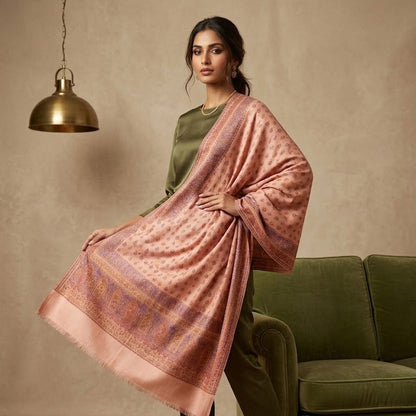 Silk Wool Kani Jamawar Shawl draped on a female model