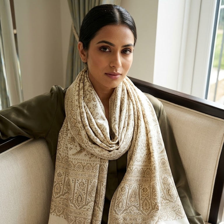 A woman seated on a beige sofa wearing a cream and beige patterned shawl scarf with fringed edges over an olive green jacket.