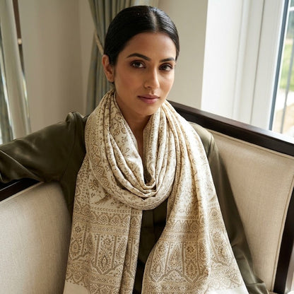 A woman seated on a beige sofa wearing a cream and beige patterned shawl scarf with fringed edges over an olive green jacket.