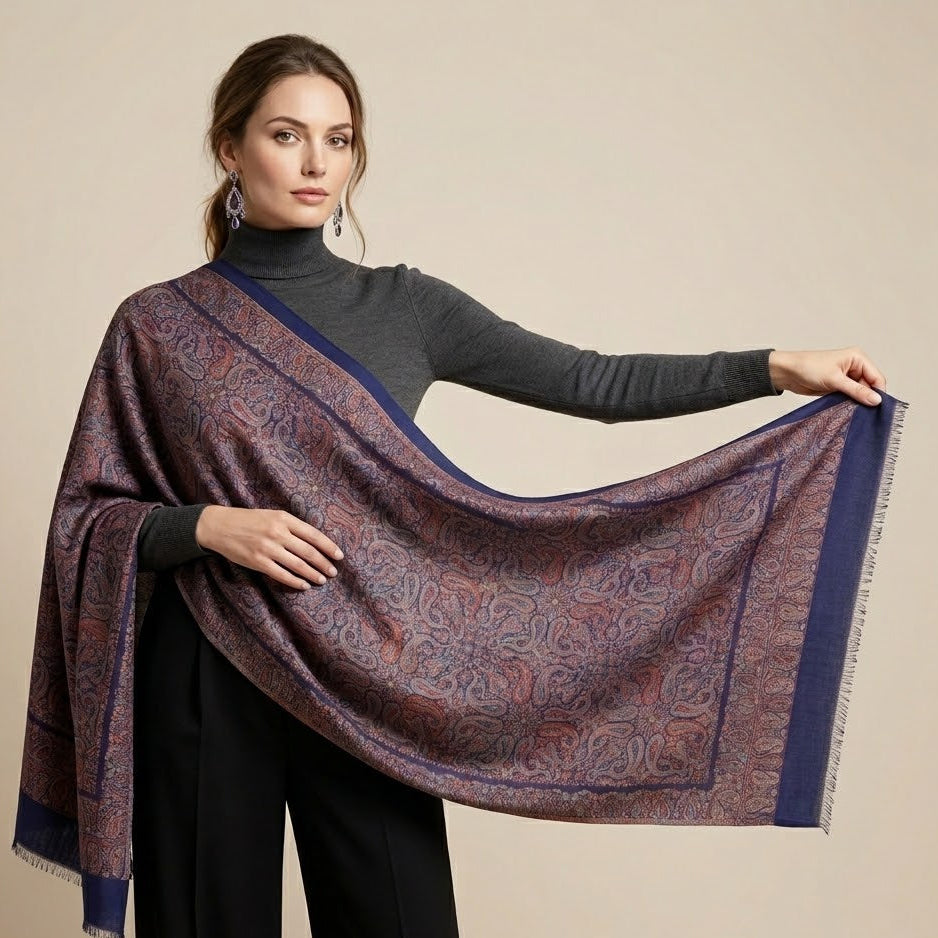 Woman holding a patterned scarf against a beige background