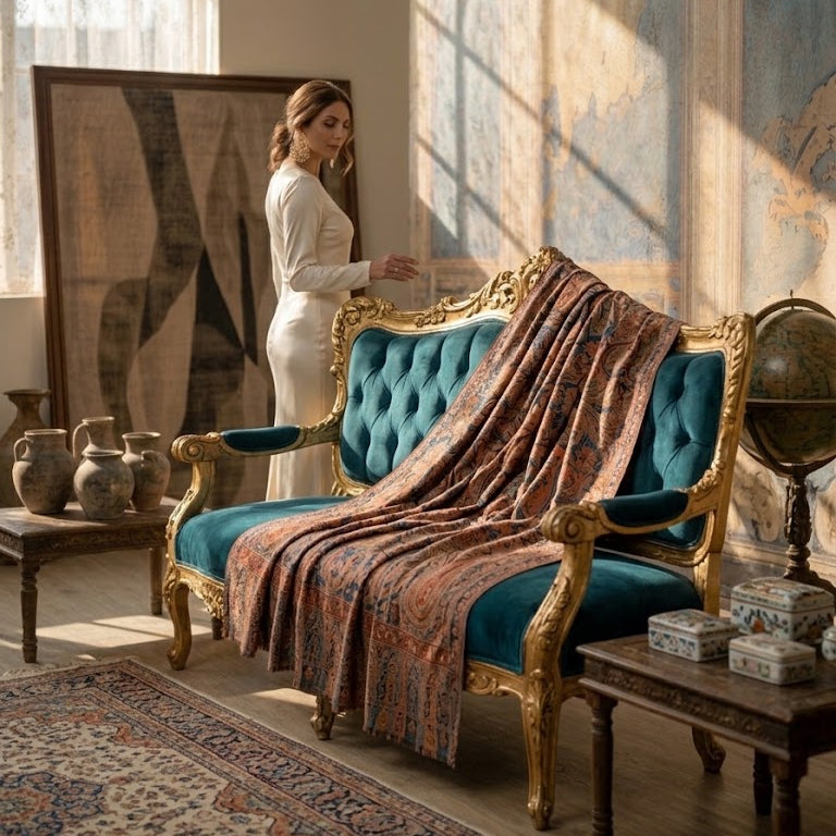 A woman in a white dress stands beside an ornate teal velvet sofa with gold trim, draped with a patterned brown and rust throw blanket, in a sunlit room with tapestries, a window, and side tables.
