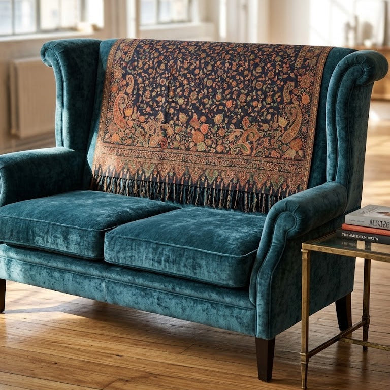 A teal velvet loveseat in a bright room with wood floors, draped with a large patterned oriental-style throw blanket. A small side table with books sits beside the chair.