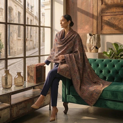 A woman sits on a green tufted sofa in a sunlit room, draped in a large patterned shawl or wrap. She is wearing dark blue pants and nude heels, with a large arched window behind her showing a street scene outside.