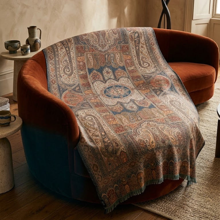 A patterned throw blanket draped over a rust-orange velvet lounge chair in a warm, rustic living room setting with wood floors and textured walls.