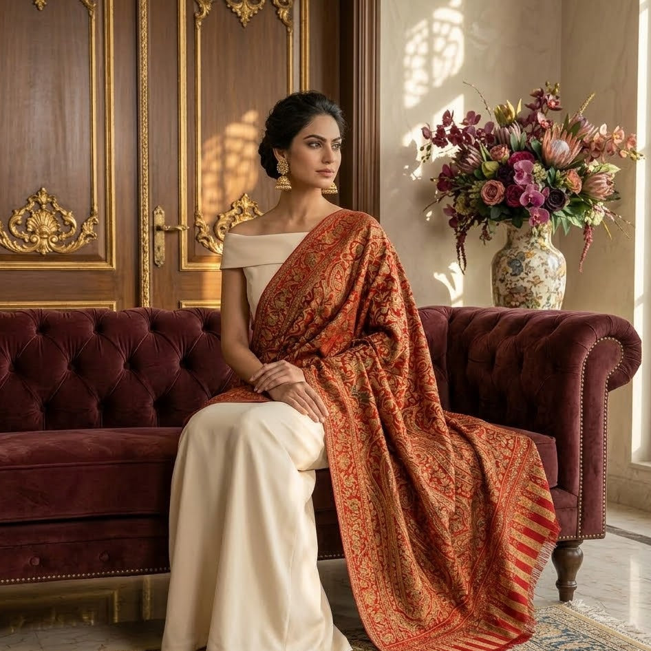 Woman in a shawl sitting on a plush sofa in an elegant room with decorative elements.