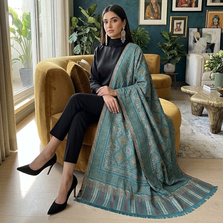 A woman sits on a mustard yellow armchair in a styled room, draped in a teal and blue patterned shawl over a black outfit. The room features a dark teal wall, framed art, potted plants, and a rustic wooden coffee table.