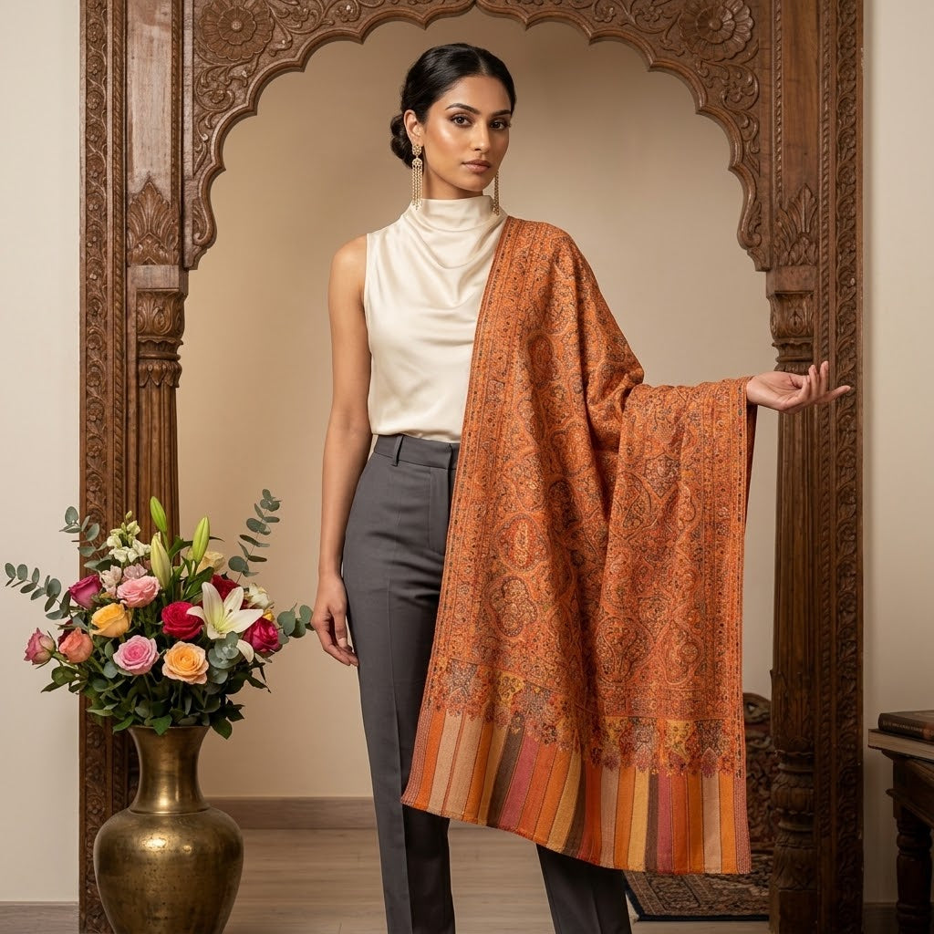 A woman models a vibrant orange and rust paisley shawl draped over her shoulders, paired with a cream mock-neck top and grey trousers, standing in front of an ornate wooden archway.