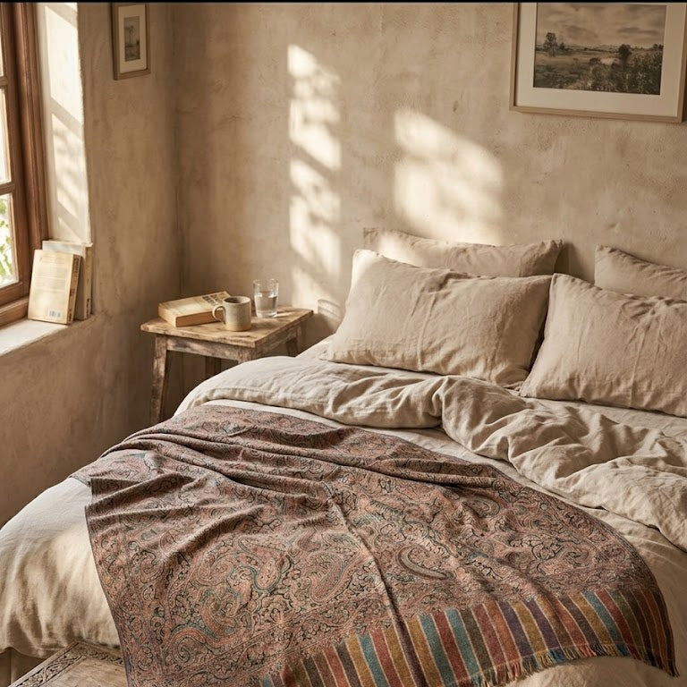 A patterned throw blanket with a striped border in muted red, blue, and green tones is draped over a bed in a rustic, sunlit bedroom with beige walls and linen bedding.