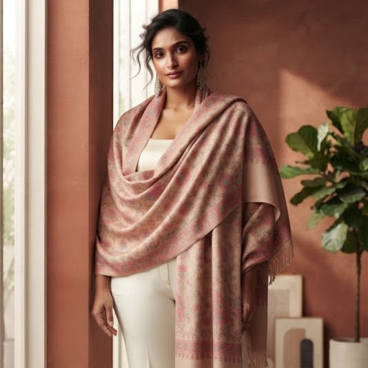 A woman stands indoors by a window wearing a draped dusty pink shawl over a white outfit, with a terracotta wall, potted plant, and framed decor in the background.