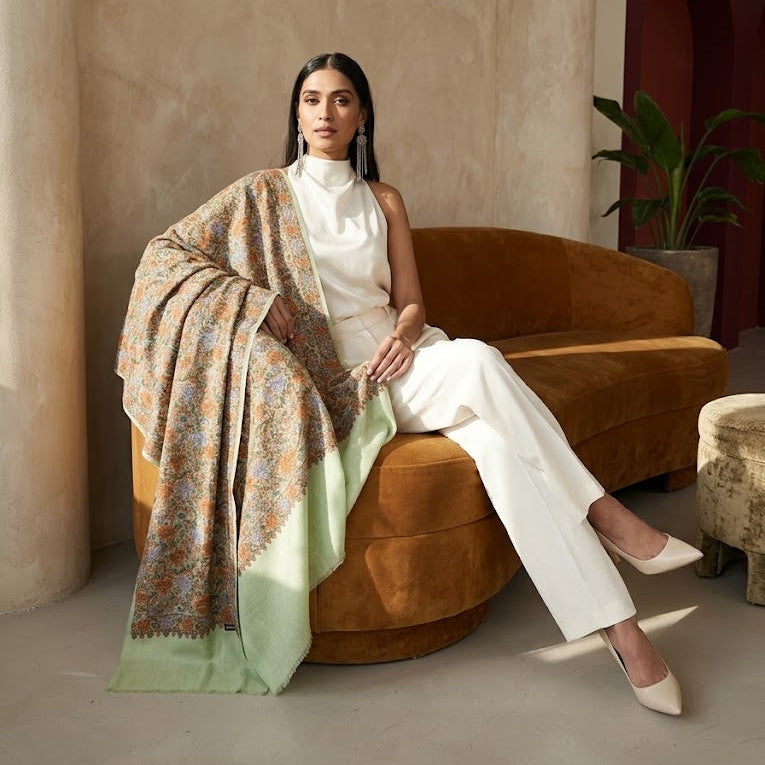 Sage Green Sozni Wool Shawl - Floral Jaal Embroidered Wrap for Occasion Wear