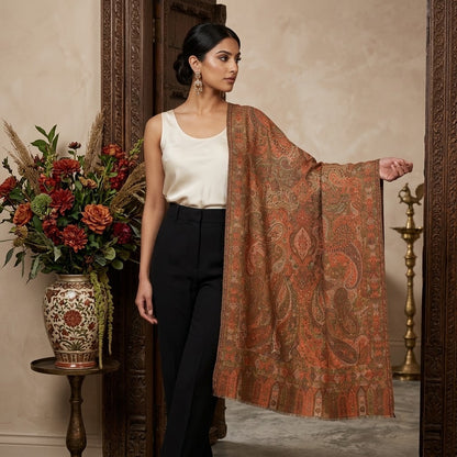A woman models a large rust-orange and brown paisley shawl draped over her shoulder, paired with a cream sleeveless top and black trousers, standing in an ornate room with a floral arrangement and brass lamp.
