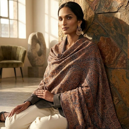 A woman sits cross-legged against a stone wall in a warmly lit interior, wearing a large patterned shawl draped over her shoulders. The shawl has an intricate paisley design in earthy tones of brown, rust, and muted blue.