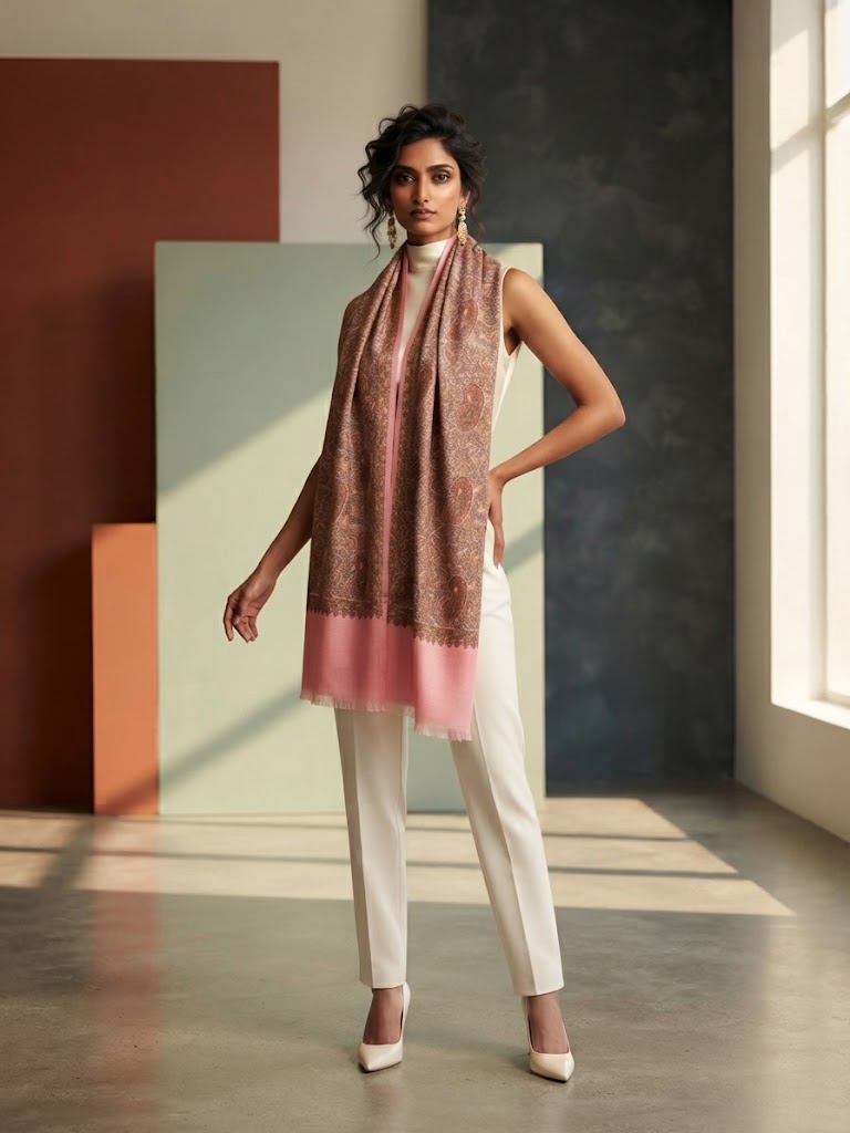 A woman models a draped scarf with a brown and pink paisley pattern and a solid pink border, styled with white trousers and white heels in a modern studio setting with geometric panels.