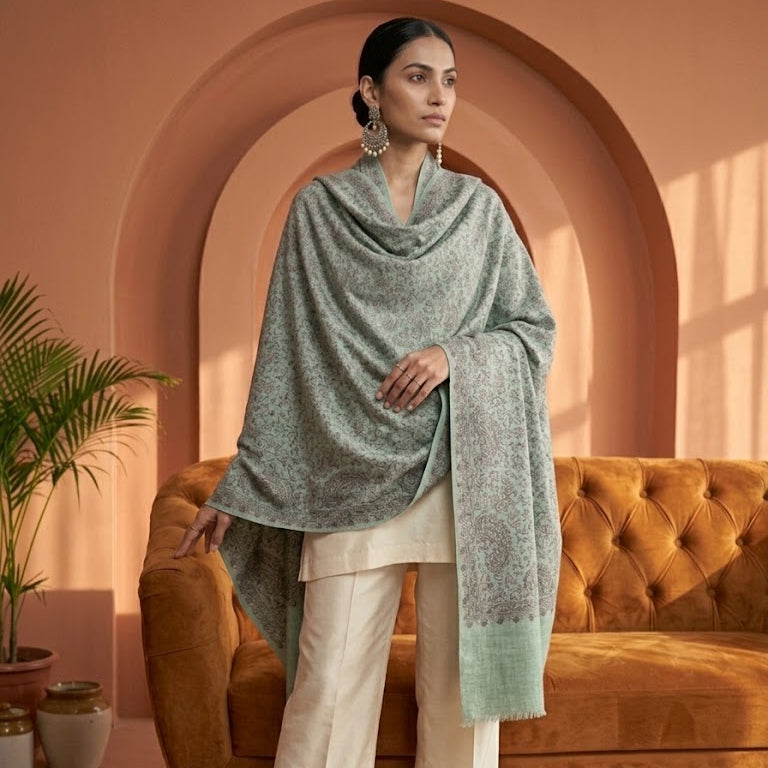A woman models a light sage green shawl with a subtle floral pattern and a mint green border, draped over her shoulders while wearing cream trousers, standing in front of a warm terracotta-colored arched wall and an orange velvet sofa.