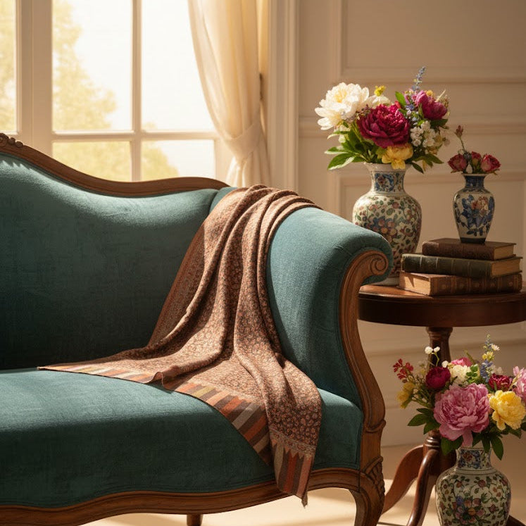 Vintage-style teal sofa with wooden armrests in a sunlit room with floral arrangements and books.
