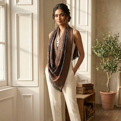A woman stands in a bright room with white paneled walls and wooden floors, wearing a long patterned scarf draped over her shoulders, white pants, and beige heels.