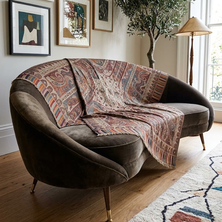 A curved dark brown velvet sofa in a styled living room, draped with a patterned multicolor throw blanket. The room features wood floors, framed wall art, a floor lamp, and a rug.