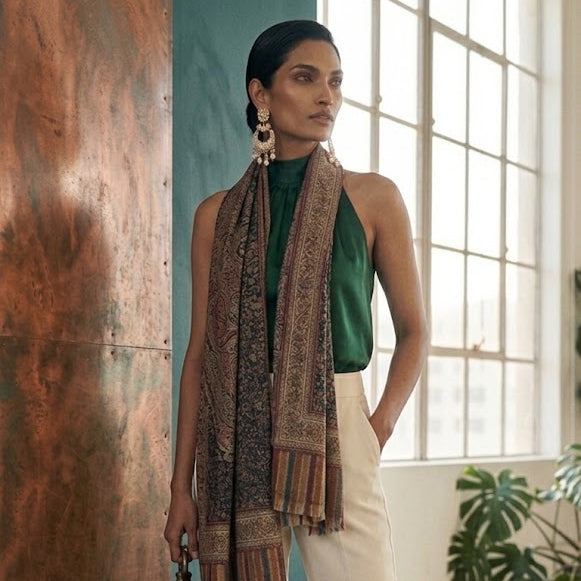 A woman models a brown and beige patterned scarf with fringe, styled over a green sleeveless top and cream wide-leg trousers in a bright, modern loft setting.