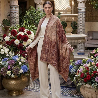 Woman in a patterned shawl standing in a decorative interior with floral arrangements.