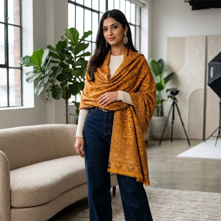 A woman models a mustard yellow patterned shawl draped over her shoulders, styled with a white top, dark blue wide-leg jeans, and brown leather boots in a modern studio setting.