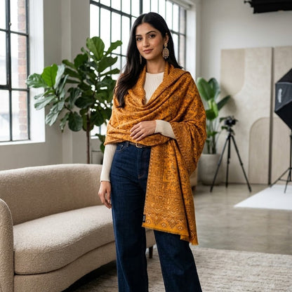 A woman models a mustard yellow patterned shawl draped over her shoulders, styled with a white top, dark blue wide-leg jeans, and brown leather boots in a modern studio setting.