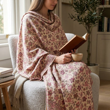 A woman sits in a cozy armchair reading a book and holding a cup, wrapped in a large floral shawl with striped fringe. The shawl has a soft pink and beige floral pattern.