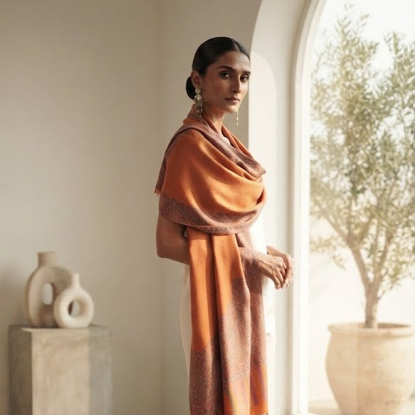 A woman stands in a sunlit room by a large arched window, wearing a draped orange shawl over cream pants and nude high-heeled sandals.