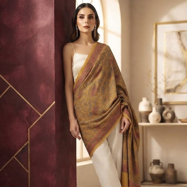 A woman models a traditional draped shawl or scarf in a warm brown and gold patterned fabric, styled over a white sleeveless top and white trousers in a sunlit interior setting.