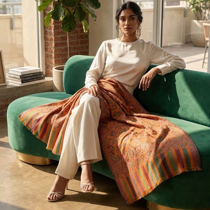 A woman sits on a green sofa in a sunlit apartment, wearing a cream long-sleeve top and white wide-leg pants with a rust-orange patterned shawl draped over her lap. Large windows, brick columns, and potted plants are visible in the background.