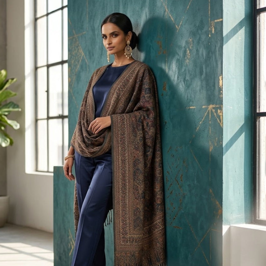 A woman stands indoors against a teal wall wearing a navy blue outfit and a large brown patterned shawl draped over her shoulders. The room has large windows, concrete walls, and a potted plant.